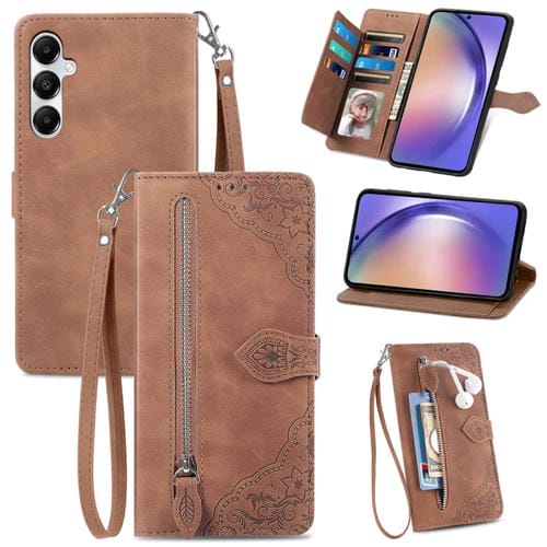 Funda de Cuero Samsung Galaxy A55 5G con Cremallera y Flores en Relieve (Marrón)