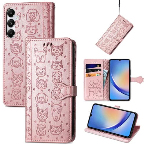 Funda para Teléfono Samsung Galaxy A35 5G Cuero Relieve Perro y Gato (Oro Rosa)