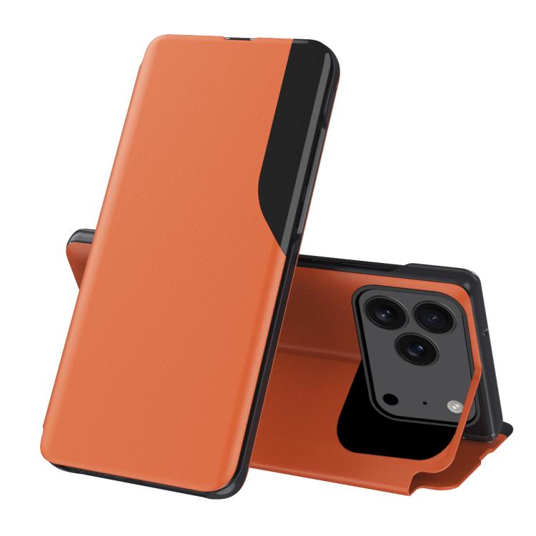 Funda de cuero con tapa y pantalla lateral para iPhone 17 Pro Max (naranja)