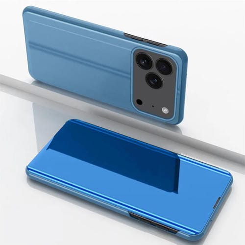 Funda de cuero con tapa horizontal y espejo chapado para iPhone 17 Pro Max con soporte (azul)