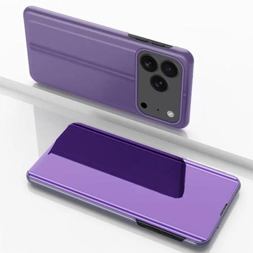 Funda de cuero con tapa horizontal y espejo chapado para iPhone 17 Pro Max con soporte (morado y azul)