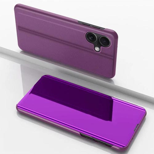 Funda de cuero con tapa horizontal y espejo chapado para iPhone 17 con soporte (morado)