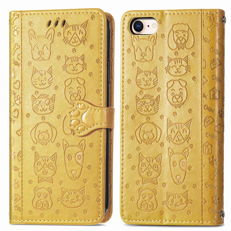 Funda de Piel con Relieve de Gato y Perro para iPhone 16E (Amarilla)