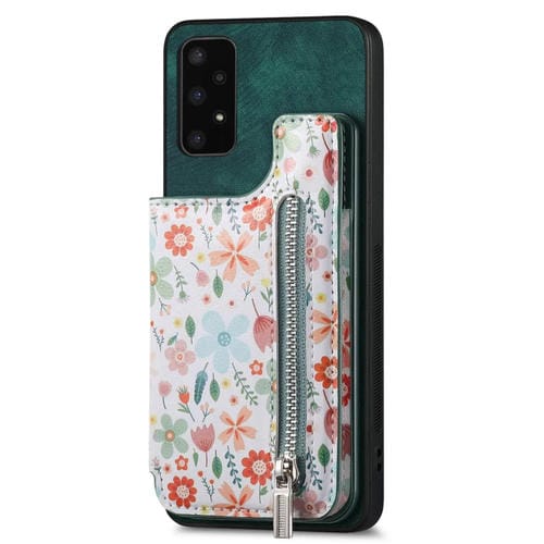 Estuche para Teléfono Samsung Galaxy A14 4G / 5G con Billetera y Cremallera Pintada Retro (Verde)
