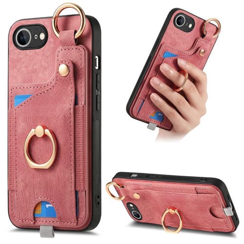 Funda para Teléfono iPhone 16E con Anillo y Tarjetero Estilo Retro con Asa para Colgar (Rosa)