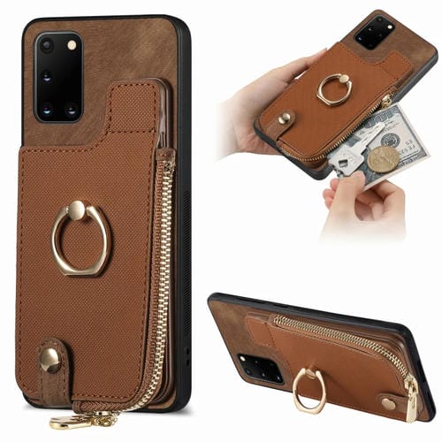 Estuche para Teléfono Samsung Galaxy A21S con Billetera, Cremallera Vertical y Anillo de Cuero Cruzado (Marrón)