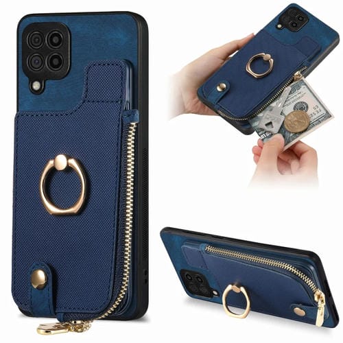 Funda para Teléfono Samsung Galaxy M32 4G con Anillo de Cuero Cruzado, Cremallera Vertical y Billetera Trasera (Púrpura)