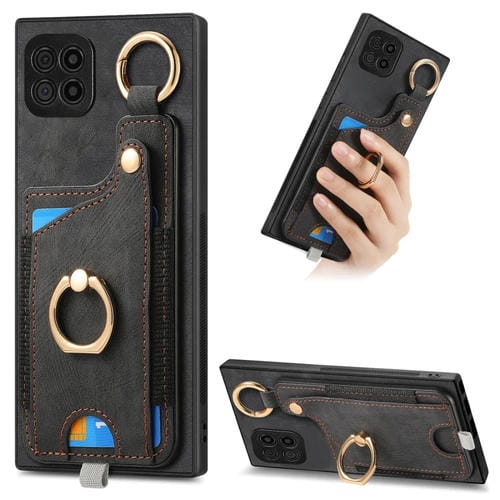 Funda para Teléfono Samsung Galaxy A22 5G con Bolsa para Tarjeta Anillo y Lazo (Negro)