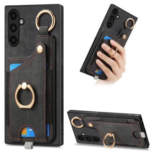 Funda para Teléfono Samsung Galaxy A14 4G 5G con Bolsa para Tarjeta Anillo y Lazo (Negro)