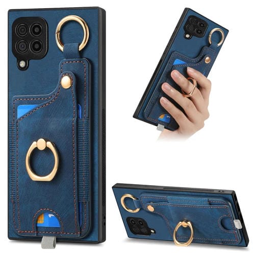 Funda para Teléfono Samsung Galaxy M32 4G Bolsa para Tarjeta Anillo Sensación de Piel Retro Lazo para Colgar (Azul)