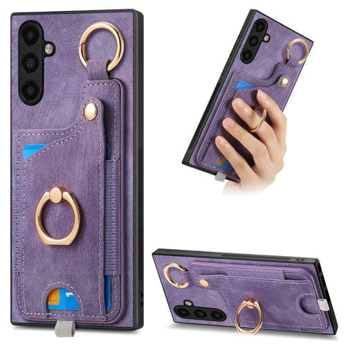 Funda para Teléfono Samsung Galaxy A15 con Bolsa para Tarjeta y Anillo Sensación de Piel Retro con Lazo para Colgar (Púrpura)