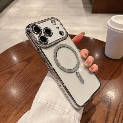 Funda de TPU MagSafe con baño de diamantes para iPhone 17 Pro (plateada)