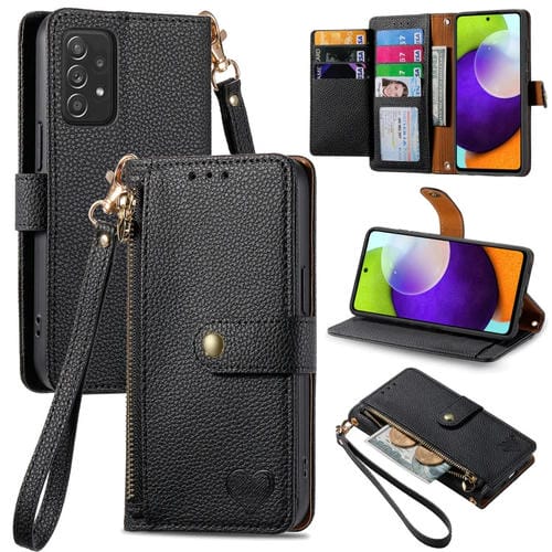Funda para Samsung Galaxy A52 5G Love Zipper Lanyard de Cuero para Teléfono (Negro)