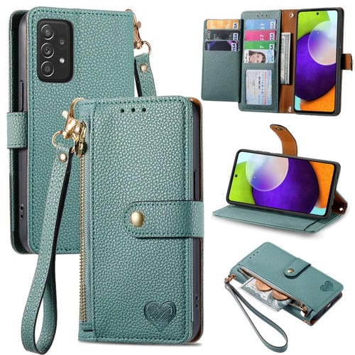 Funda de Cuero para Samsung Galaxy A52 5G Love Zipper Lanyard (Verde)