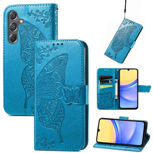 Funda para Teléfono Samsung Galaxy A15 Cuero con Relieve Flor de Amor y Mariposa (Azul)