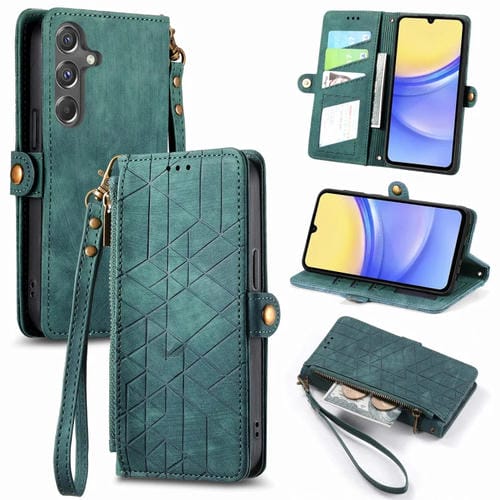 Estuche para Teléfono Samsung Galaxy A15 Cuero Hebilla Lateral Billetera Cremallera (Verde)