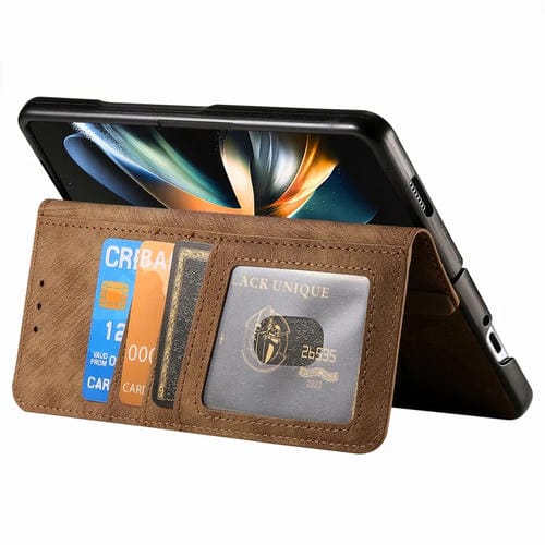 Funda para Samsung Galaxy Z Fold4 Retro Magsafe Cuero con Billetera y Cremallera Magnética (Marrón)