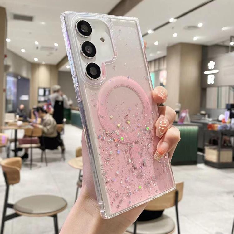 Funda híbrida de TPU transparente con purpurina MagSafe para Samsung Galaxy S25+ 5G (rosa)