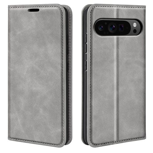 Funda de Cuero con Ventosa Magnética para Google Pixel 9 Pro XL (Gris) Retro-Skin