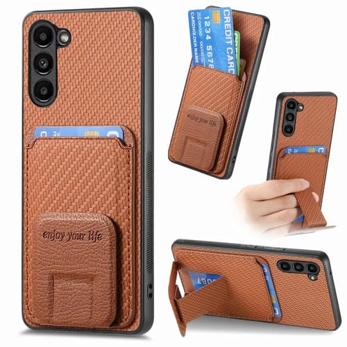 Funda para Teléfono Samsung Galaxy S21 5G con Soporte Plegable y Bolsa para Tarjetas Fibra de Carbono (Marrón)