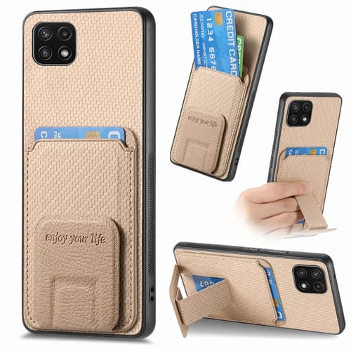 Funda para Teléfono Samsung Galaxy A22 5G con Soporte Plegable y Bolsa para Tarjetas de Fibra de Carbono (Caqui)