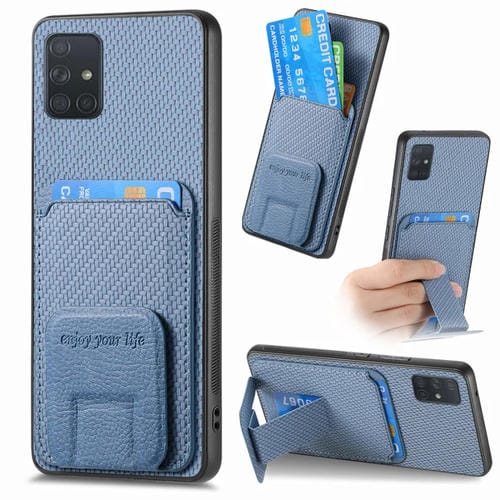 Funda para Teléfono Samsung Galaxy A51 con Soporte Plegable y Bolsa para Tarjetas Fibra de Carbono (Azul)