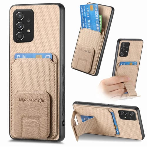 Funda para Teléfono Samsung Galaxy A72 5G con Soporte Plegable y Bolsa para Tarjetas de Fibra de Carbono (Caqui)