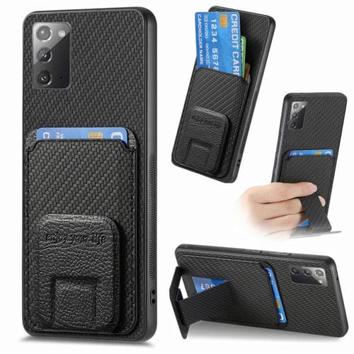 Funda para Teléfono Samsung Galaxy Note20 con Soporte Plegable y Bolsa para Tarjetas de Fibra de Carbono (Negro)