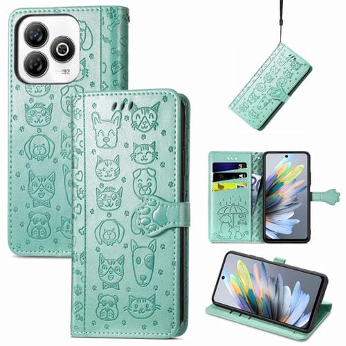 Funda de Piel con Relieve Gato y Perro para ZTE Blade A75 4G (Verde)