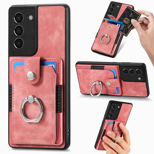 Funda para Teléfono Samsung Galaxy S21 5G con Billetera, Tarjeta, Anillo y Sensación de Piel Retro (Rosa)