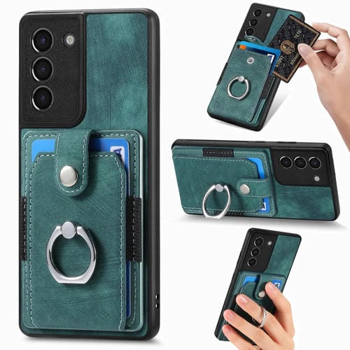 Funda para teléfono Samsung Galaxy S21 5G con billetera, tarjeta y anillo con sensación de piel retro (Verde)
