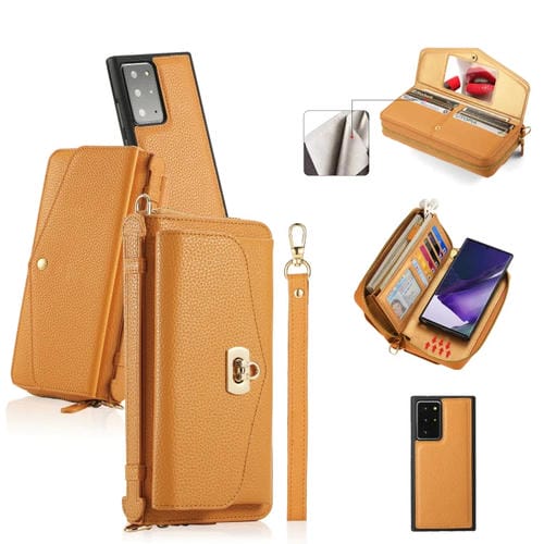 Funda Cruzada de Cuero Samsung Galaxy Note20 con Billetera y Cremallera Multifuncional (Naranja)
