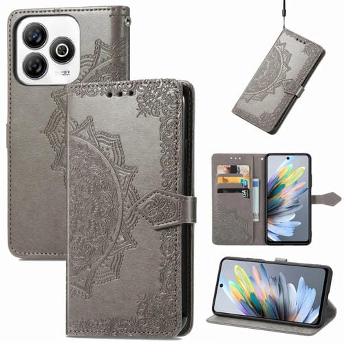 Funda de Cuero para ZTE Blade A75 4G con Relieve de Flor de Mandala (Gris)