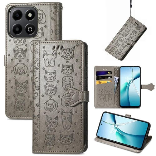 Funda de Cuero con Relieve de Gato y Perro para Honor 200 (Gris)