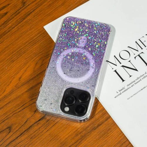 Funda MagSafe con purpurina degradada y estrellas para iPhone 16 (morado degradado)