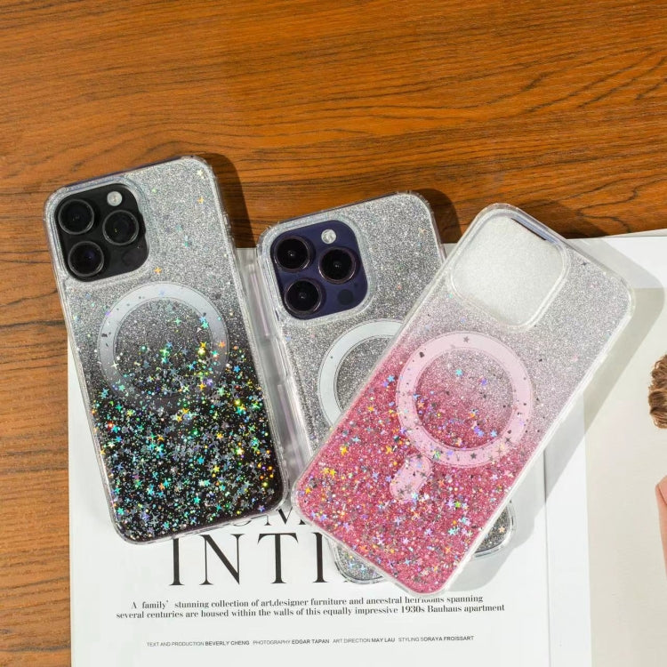 Funda MagSafe con purpurina y estrellas para iPhone 16e (negro degradado)