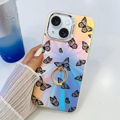 Estuche para teléfono iPhone 15 con soporte anillo mariposa láser galvanoplastia (Negro) - MOVILSTORE