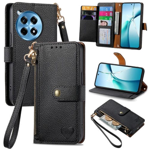 Funda de Cuero con CordĂłn y Cremallera Love para OnePlus Ace 3 Pro (Negra)