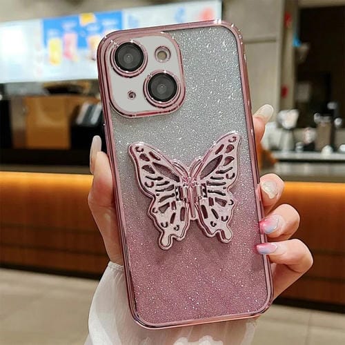 Funda para Teléfono TPU iPhone 15 Diseño Mariposa 3D Purpurina Galvanizada (Rosa Degradado) - MOVILSTORE