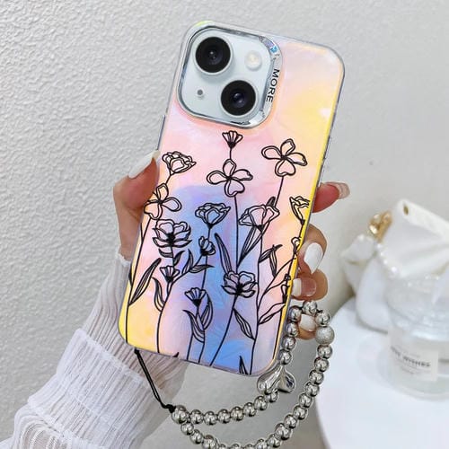 Funda para Teléfono iPhone 15 con Flor Låser Galvanizada y Correa para Muñeca (Flores Dibujadas Ah3) - MOVILSTORE