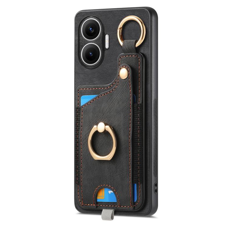 Funda para Redmi Turbo 4 Pro con diseño retro de piel sintética, con anillo y asa para colgar (negra)