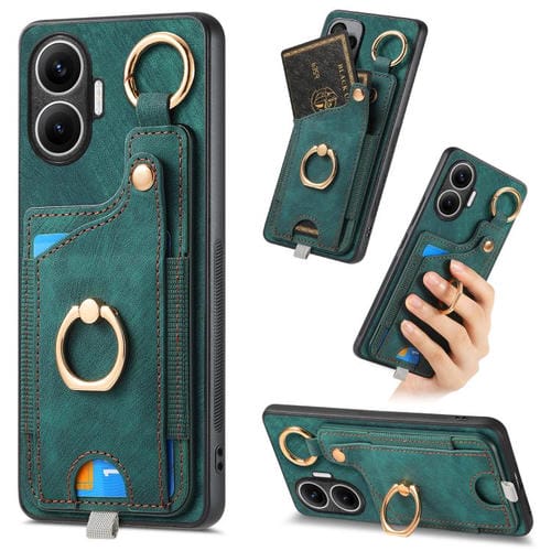 Funda para Redmi Turbo 4 Pro con diseño retro de piel sintética y anillo para tarjetas, con asa para colgar (verde)