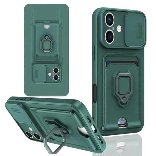 Funda de Silicona para iPhone 16 con Soporte para Tarjetas Magnético Deslizante Camshield (Verde Noche Oscuro)