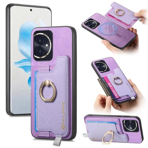 Funda para Teléfono Honor 100 con Tarjetero y Anillo Cuero Retro Magsafe (Morado)