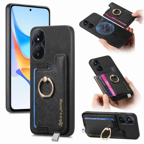 Funda para Teléfono con Tarjetero y Anillo Cuero Retro Magsafe Cross para Honor Play 50 Plus 5G (Negro)