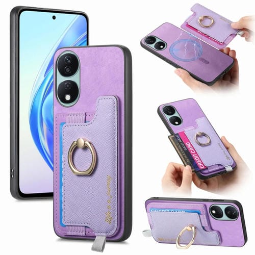 Funda para Teléfono Honor X7B Play 8T 5G con Tarjetero Anillo Cuero Retro Magsafe (Morado)