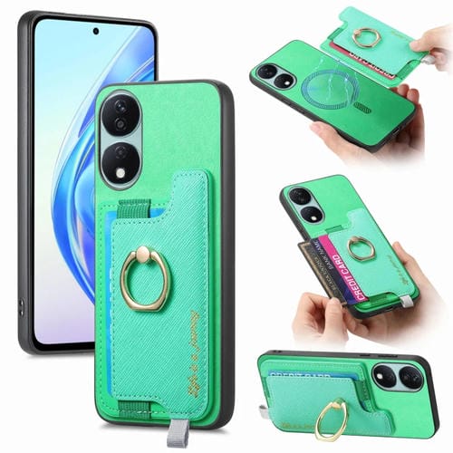 Funda para Teléfono Honor X7B Play 8T 5G con Tarjetero Anillo Cuero Diseño Retro Magsafe (Verde)