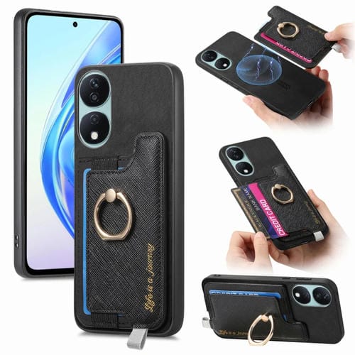 Funda para Teléfono con Tarjetero y Anillo de Cuero Retro Magsafe para Honor X7B/Play 8T 5G (Negro)