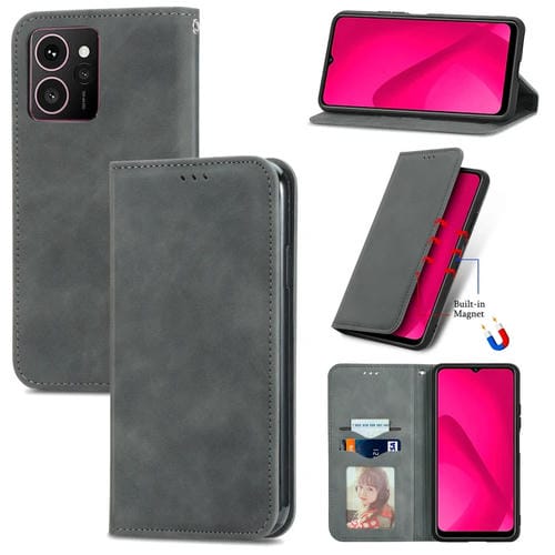 Funda de Cuero con Tapa Magnética para Teléfono HMD Skyline Retro Skin Feel (Gris)