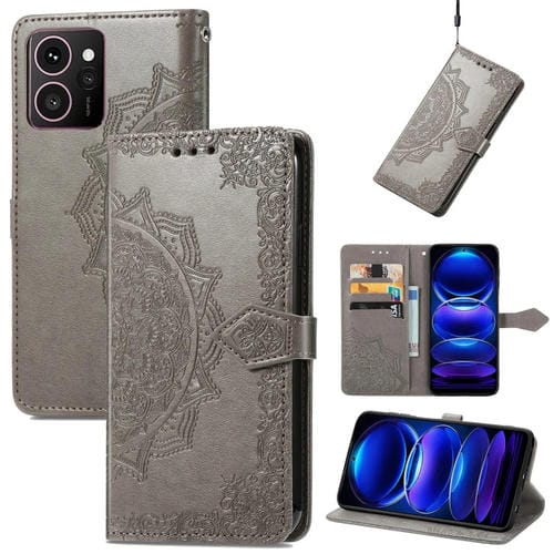 Funda de Cuero con Relieve Flor de Mandala para Teléfono HMD Skyline (Gris)